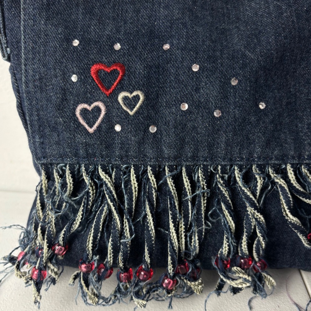 Vtg 2003 Old Navy Denim Crossbody Bag Heart Embroidery Beaded Fringe Y2K McBling - Picture 11 of 12